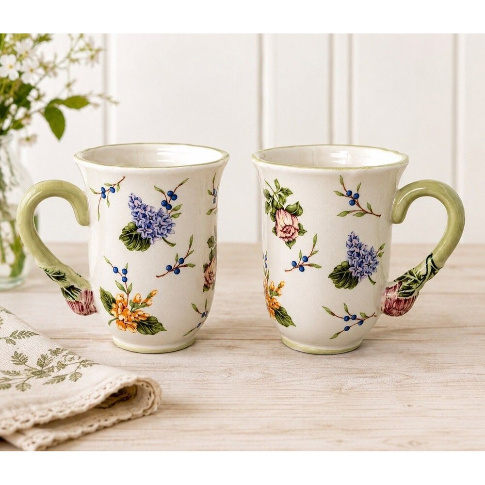 Princess House Vintage Garden Floral Coffee Mugs Set of 2/ 3D Handles